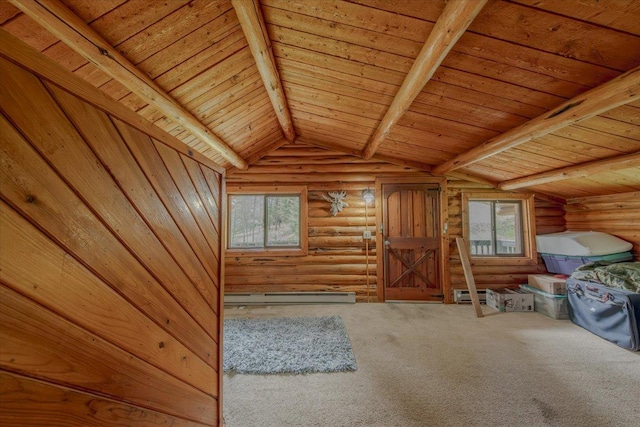 6470 US Highway 93 S, Eureka, MT 59917 - additional living space with log walls, a baseboard radiator, wood ceiling, and carpet flooring