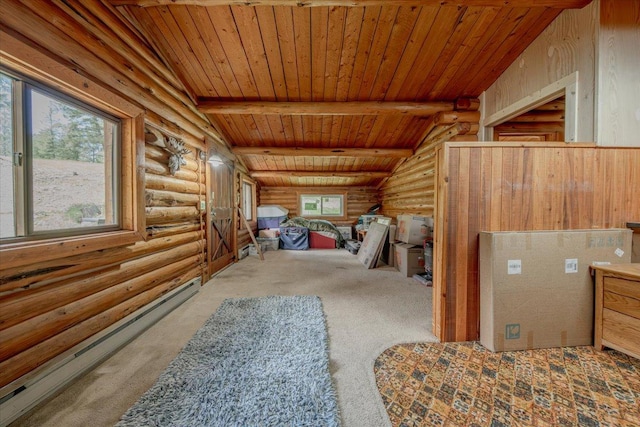 6470 US Highway 93 S, Eureka, MT 59917 - unfurnished bedroom featuring rustic walls, a wood ceiling with exposed beams, carpet floors, a baseboard heating unit, and multiple windows