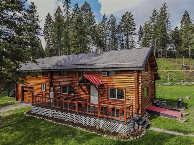6470 US Highway 93 S, Eureka, MT 59917 - back of house featuring a wooden deck, a lawn, dirt driveway, and a chimney
