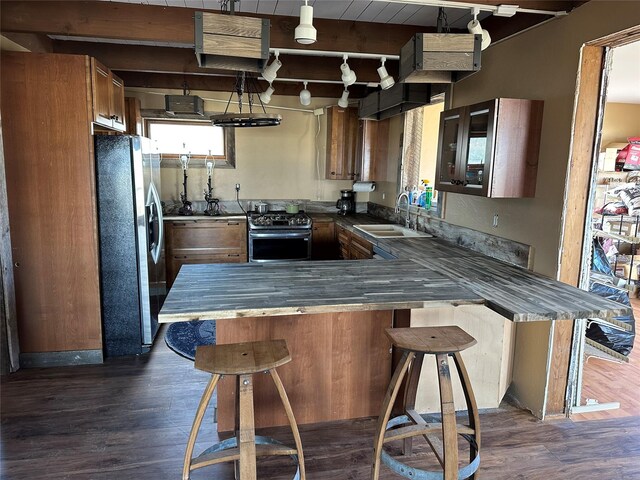 14 Sidehill Trl, Ennis, MT 59729 - kitchen featuring stainless steel appliances, a sink, dark wood-type flooring, a peninsula, and dark countertops
