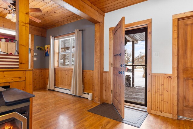 412 Mill St, Sheridan, MT 59749 - foyer entrance featuring wooden ceiling, wainscoting, wood finished floors, wooden walls, and baseboard heating