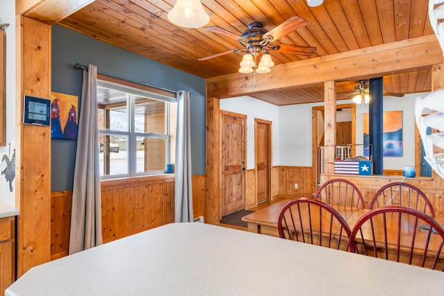 412 Mill St, Sheridan, MT 59749 - dining area featuring wood ceiling, a ceiling fan, wainscoting, wood walls, and beamed ceiling