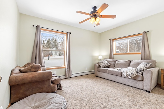412 Mill St, Sheridan, MT 59749 - living area with carpet, a ceiling fan, and a baseboard heating unit