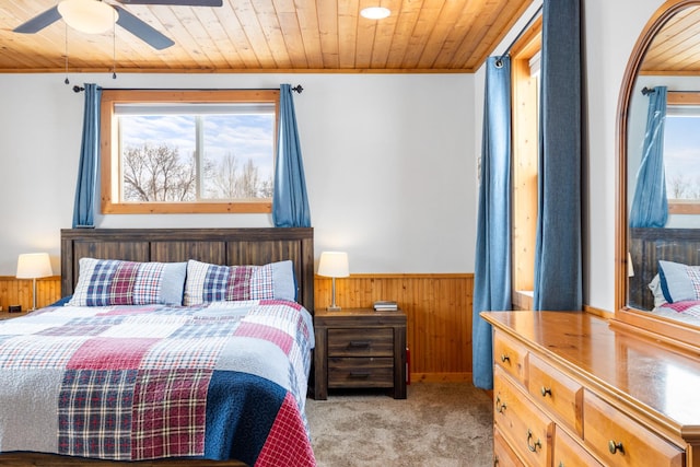 412 Mill St, Sheridan, MT 59749 - bedroom with wood ceiling, light carpet, wainscoting, and wooden walls