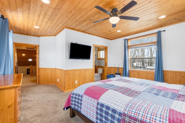 412 Mill St, Sheridan, MT 59749 - bedroom with a wainscoted wall, wooden walls, wooden ceiling, carpet, and recessed lighting