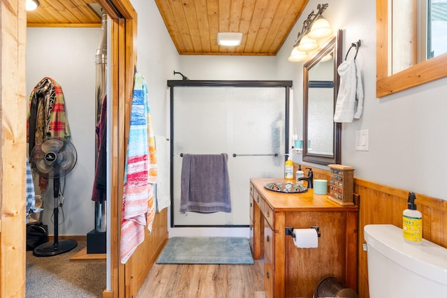 412 Mill St, Sheridan, MT 59749 - full bathroom with wooden ceiling, wainscoting, a sink, wooden walls, and a shower with shower door