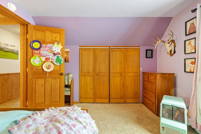 412 Mill St, Sheridan, MT 59749 - bedroom with light carpet, lofted ceiling, wainscoting, heating unit, and wood walls