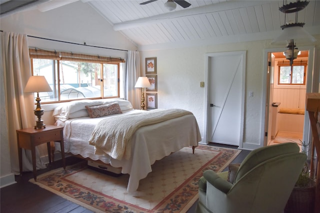 bedroom featuring multiple windows, wood finished floors, baseboards, and wood ceiling