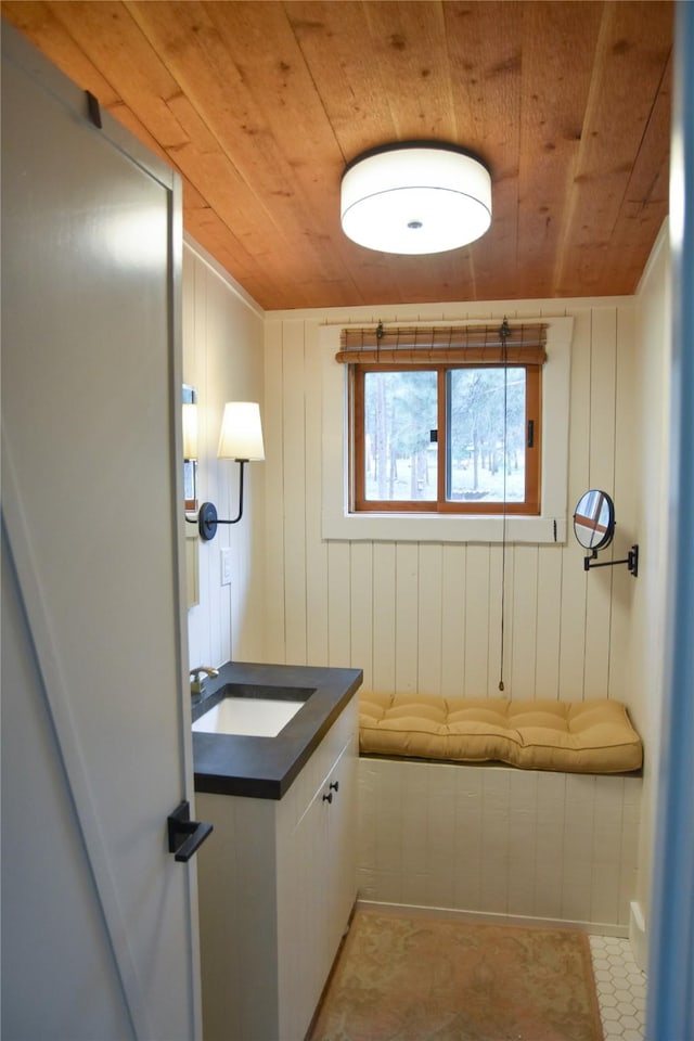 bathroom with wood ceiling and vanity