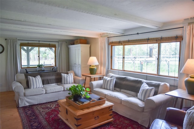 living room featuring wood finished floors and beamed ceiling