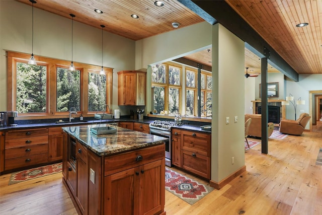 318 Mt Highway 56, Noxon, MT 59853 - kitchen featuring appliances with stainless steel finishes, a sink, hanging light fixtures, wood ceiling, and light wood-style floors