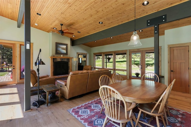 318 Mt Highway 56, Noxon, MT 59853 - dining room with lofted ceiling, ceiling fan, a fireplace, wood-type flooring, and wooden ceiling