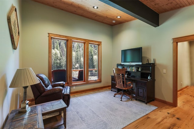318 Mt Highway 56, Noxon, MT 59853 - office space with wood ceiling, light wood finished floors, baseboards, recessed lighting, and beam ceiling