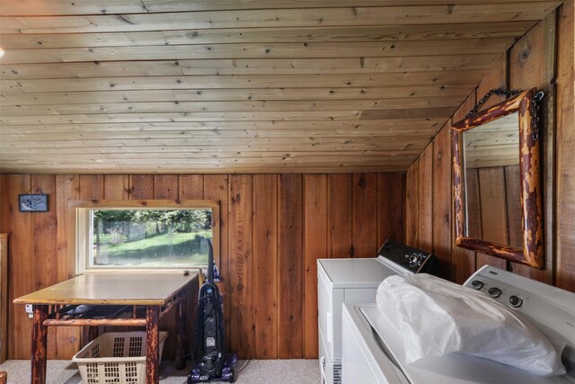 318 Mt Highway 56, Noxon, MT 59853 - laundry area featuring independent washer and dryer, wooden ceiling, wood walls, and carpet