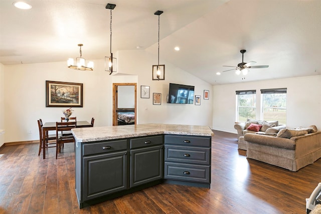 301 Bernie Rd, Alberton, MT 59820 - kitchen with vaulted ceiling, gray cabinetry, a ceiling fan, light countertops, and a center island