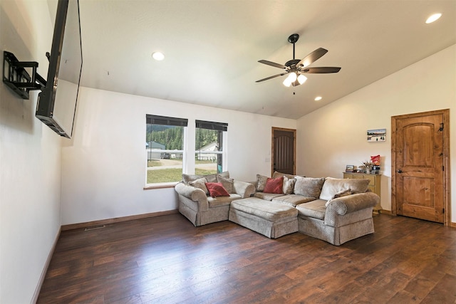 301 Bernie Rd, Alberton, MT 59820 - living room featuring vaulted ceiling, ceiling fan, dark wood-type flooring, baseboards, and recessed lighting