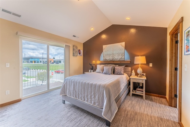 bedroom featuring access to outside, vaulted ceiling, carpet flooring, and baseboards