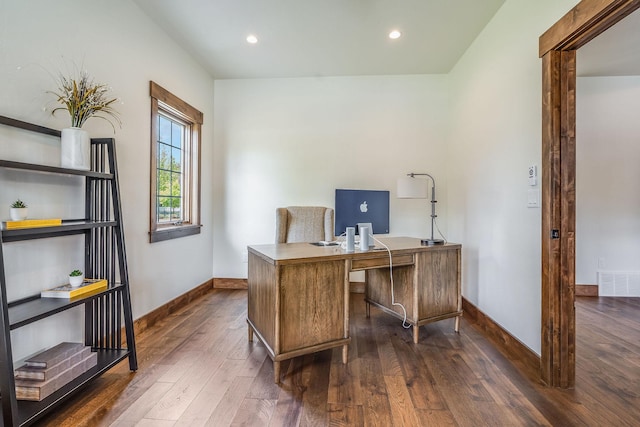 office area featuring dark wood-style flooring, baseboards, and recessed lighting