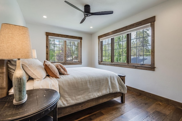 bedroom with wood-type flooring, baseboards, recessed lighting, and a ceiling fan