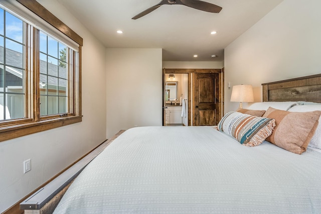bedroom with recessed lighting and ceiling fan