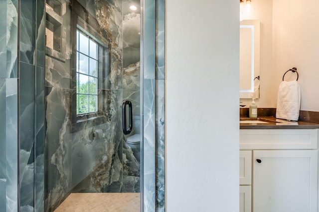bathroom with a shower stall and vanity