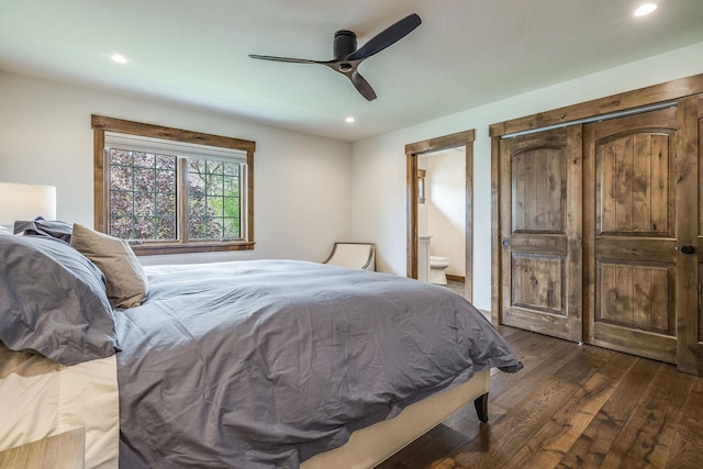 bedroom with dark wood-style flooring, recessed lighting, ensuite bath, and a ceiling fan