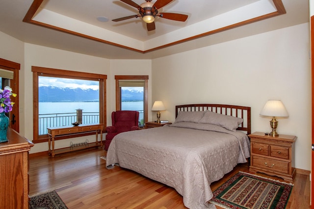 34520 Rocky Point Rd, Polson, MT 59860 - bedroom with a raised ceiling, light wood-style flooring, access to outside, and baseboards