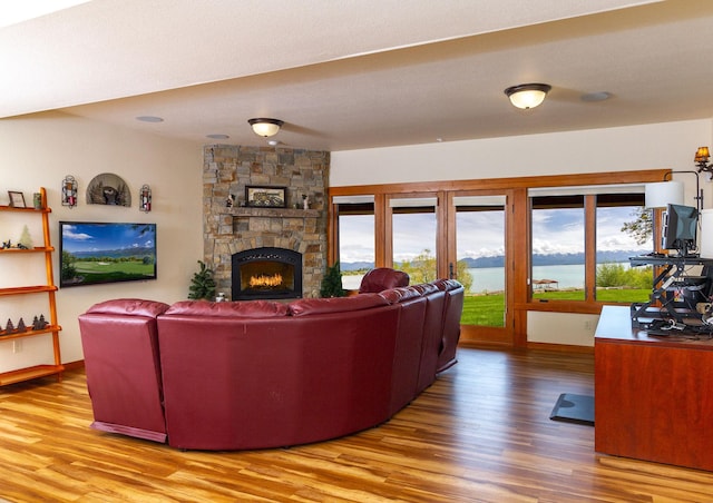 34520 Rocky Point Rd, Polson, MT 59860 - living room featuring wood finished floors and a fireplace