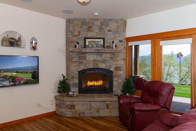 34520 Rocky Point Rd, Polson, MT 59860 - living room featuring wood finished floors and a stone fireplace