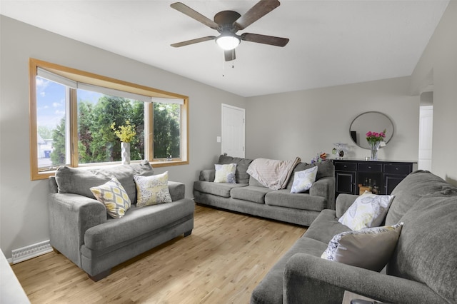 501 23rd Ave NE, Great Falls, MT 59404 - living room featuring light wood-style flooring, a ceiling fan, and baseboards