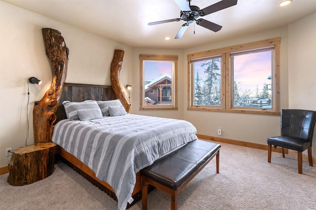 bedroom with carpet, recessed lighting, baseboards, and a ceiling fan