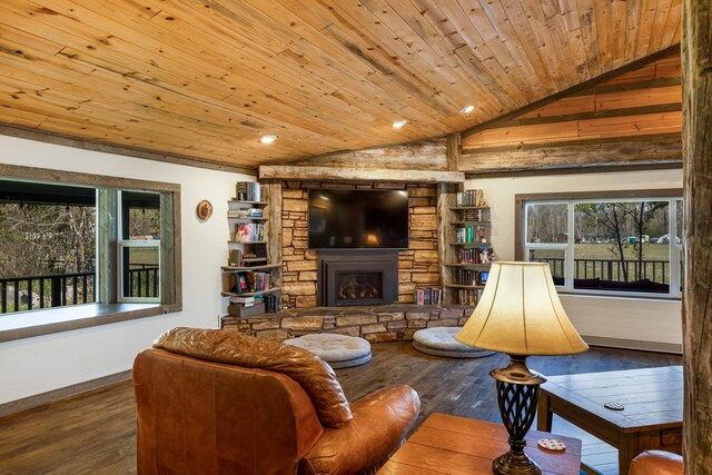 3690 Big Flat Rd, Missoula, MT 59804 - living area with wood ceiling, vaulted ceiling, wood finished floors, a stone fireplace, and recessed lighting