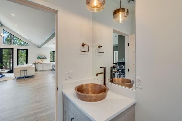 111 Blacktail Loop, Lakeside, MT 59922 - bathroom featuring wood finished floors and high vaulted ceiling