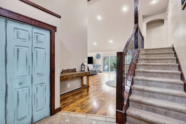 440 E 20th St, Hamilton, MT 59840 - foyer entrance featuring stairs, stone tile floors, baseboards, and recessed lighting