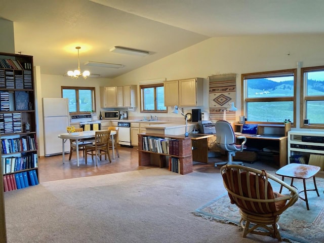 42984 Flathead View Dr, Polson, MT 59860 - office area featuring a sink, a chandelier, lofted ceiling, and carpet