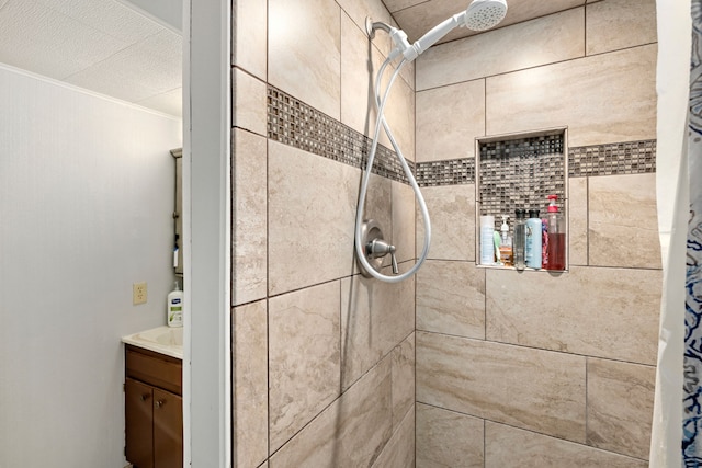 1200 32nd St S Unit 6, Great Falls, MT 59405 - bathroom with a tile shower, vanity, and crown molding