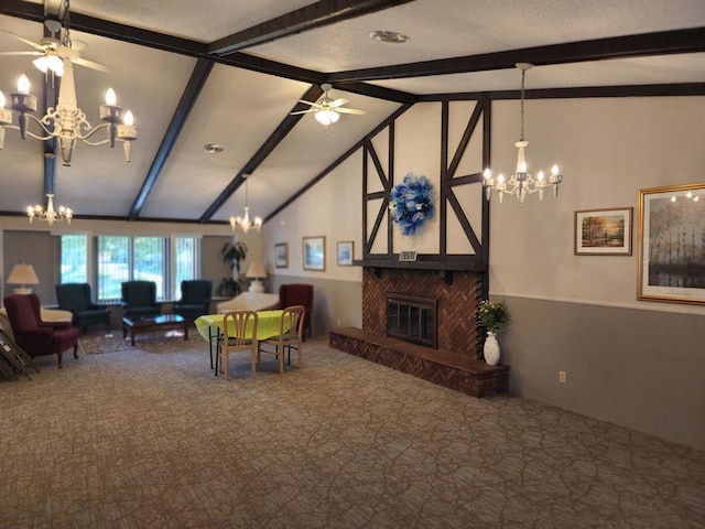 1200 32nd St S Unit 6, Great Falls, MT 59405 - living area featuring a chandelier, carpet floors, and a brick fireplace