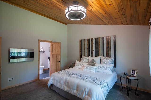117 Woodland Estates Rd, Great Falls, MT 59404 - carpeted bedroom with wood ceiling, baseboards, ensuite bathroom, and high vaulted ceiling