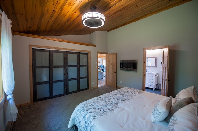 117 Woodland Estates Rd, Great Falls, MT 59404 - carpeted bedroom with wood ceiling, high vaulted ceiling, and baseboards