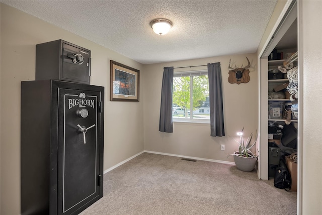 carpeted spare room featuring a textured ceiling and baseboards