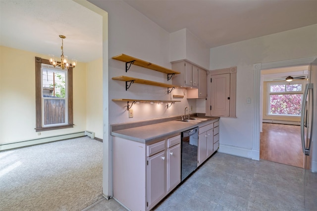 kitchen with dishwasher, a sink, a baseboard radiator, and a chandelier