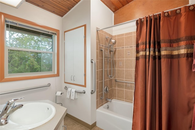 full bath featuring a sink, wooden ceiling, shower / tub combo, baseboards, and tile patterned floors