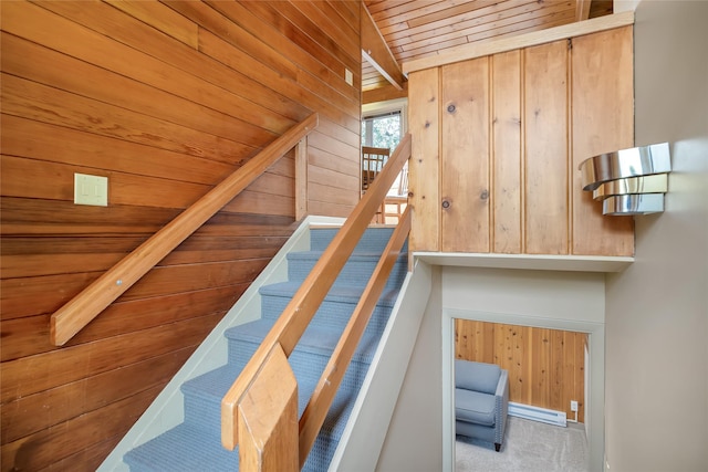 stairs featuring wood ceiling, carpet floors, and wood walls
