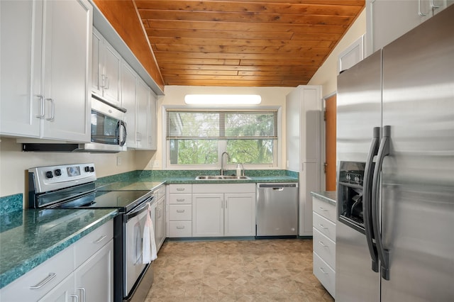 kitchen featuring appliances with stainless steel finishes, a sink, wood ceiling, vaulted ceiling, and white cabinetry