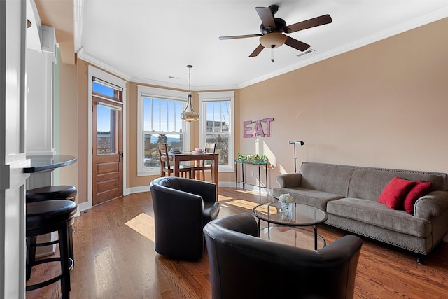 432 W Spruce St Unit 202, Missoula, MT 59802 - living area featuring crown molding, baseboards, a ceiling fan, and wood finished floors