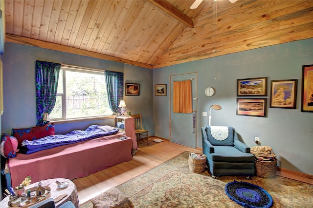 110 N 2nd Ave, Hot Springs, MT 59845 - bedroom featuring wood finished floors, wood ceiling with exposed beams, baseboards, and high vaulted ceiling