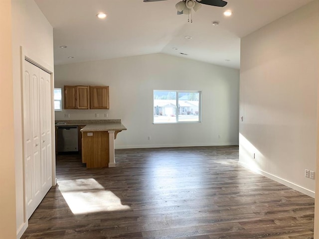 998 Mount Silcox Dr, Thompson Falls, MT 59873 - unfurnished living room with a ceiling fan, vaulted ceiling, dark wood finished floors, and recessed lighting