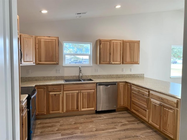 998 Mount Silcox Dr, Thompson Falls, MT 59873 - kitchen featuring dishwasher, black range with electric stovetop, plenty of natural light, wood finished floors, and recessed lighting