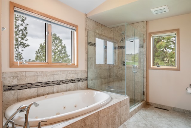 5190 Goodan Ln, Missoula, MT 59808 - bathroom featuring a shower stall, a tub with jets, baseboards, and tile patterned flooring