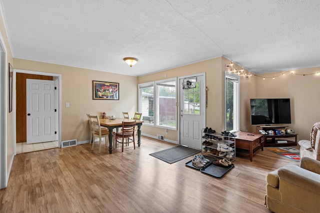 living room with a textured ceiling, light wood-type flooring, and baseboards